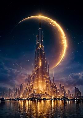 Futuristic Cityscape with Golden Moon