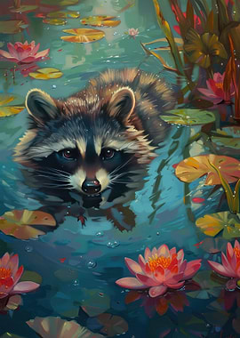 Raccoon in Water Lily Pond