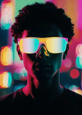 Man with Reflective Sunglasses in Neon Light