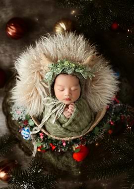 Newborn Christmas Portrait with Reindeer Hat