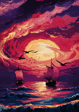 Sunset Sailboats Painting