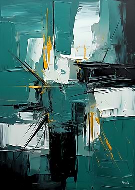 Teal & Black Abstract with Yellow Accents – Palette-Knife Impasto Painting