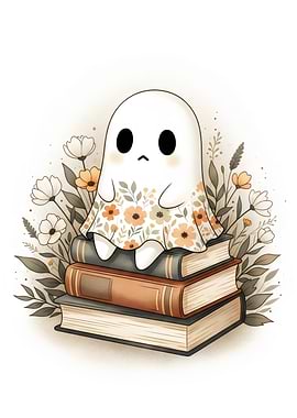 Cute Ghost Sitting on Books with Flowers