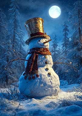 Snowman in Winter Forest with Moon