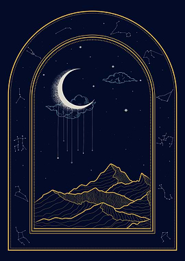 Celestial Mountainscape with Moon and Constellations