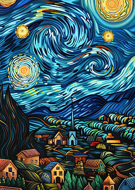 Starry Night Inspired Village Painting