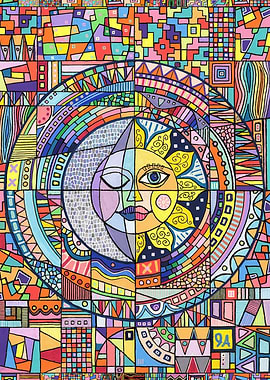 The Sun Awakens Mosaic - Sun and Moon Colorful Abstract Art