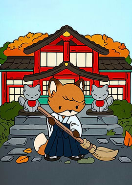 Fox Sweeping Shrine Cartoon Illustration