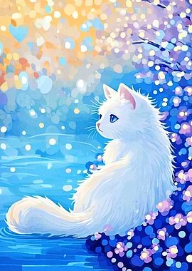 White Cat by Water with Flowers