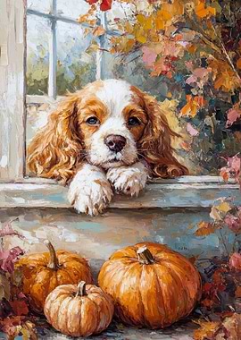 Cavalier King Charles with Pumpkins Painting | Autumn Dog Portrait