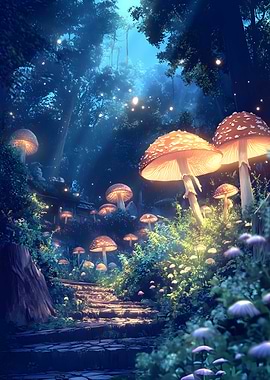 A garden of giant mushrooms glows softly 1