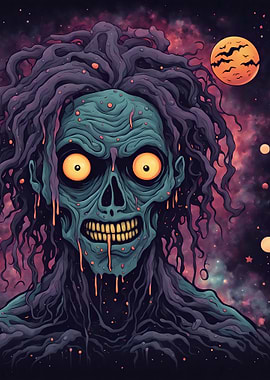 Happy Halloween Zombie Portrait with Cosmic Background