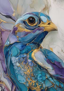 Abstract Blue and Gold Bird Art
