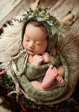 Newborn baby in a deer costume