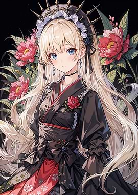 Anime Girl in Kimono with Flowers