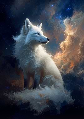 White Fox in Celestial Cloudscape