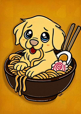 Cute Dog Eating Ramen Cartoon