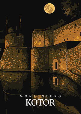 Kotor Montenegro Night Print: Old Town Fortress, Full Moon Reflection