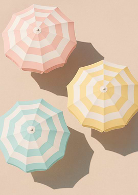 Pastel Striped Beach Umbrellas Top View - Summer Beach Scene
