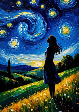 Woman Gazing at Starry Night Painting