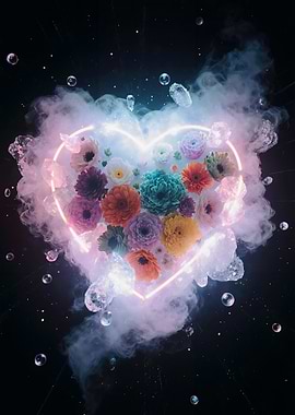 Floral Heart with Neon and Bubbles