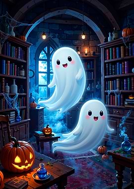 Cute Ghosts in Spooky Library
