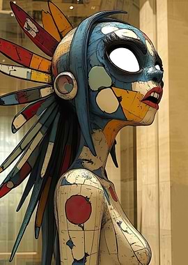 Abstract Aztec-Inspired Figure with Headdress