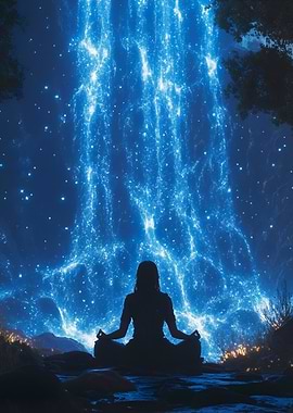 Meditating Figure Under a Celestial Waterfall