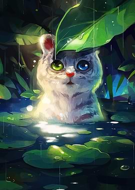Heterochromatic Cat in Rain Digital Art