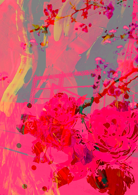 Abstract Floral Painting in Pink and Gray