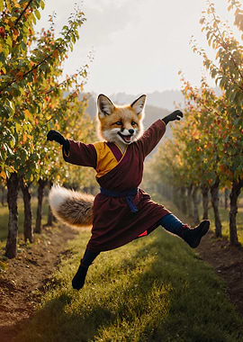 Fox Monk Jumping in Vineyard