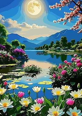 Floral Lake Landscape with Moon