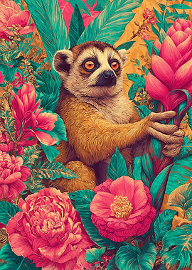 Lemur in Tropical Floral Paradise