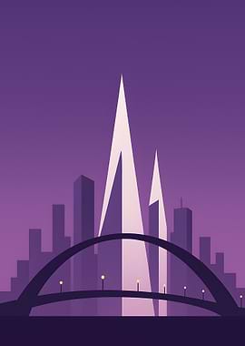 Purple Cityscape with Bridge Illustration