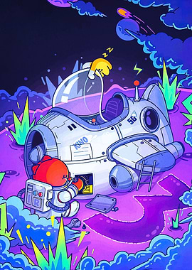 Cartoon Astronaut Repairing Spaceship on Alien Planet
