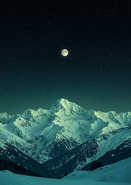Snowy Mountains Under Starry Night Sky