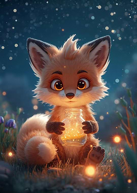 Cute Fox with Jar of Lights