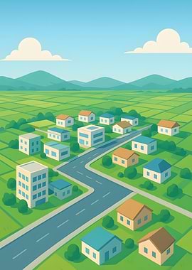 Cartoon Townscape with Green Fields