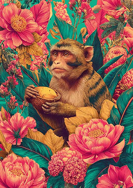 Monkey with Fruit in Floral Jungle