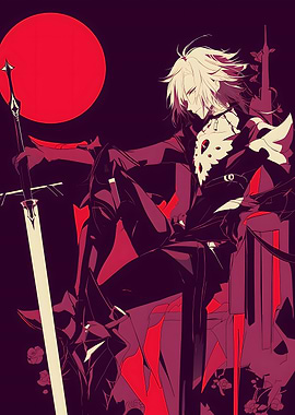 Anime Character with Sword and Red Moon