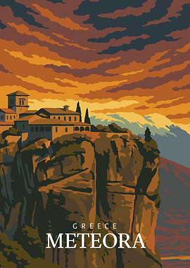 Meteora Greece Travel Poster: Sunset Monastery Wall Art