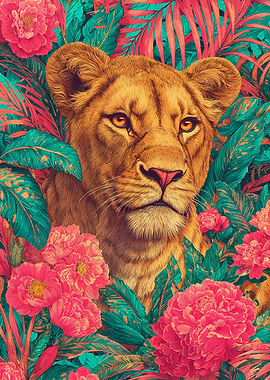 Lioness Portrait in Floral Jungle