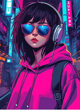 Cyberpunk Girl with Headphones and Sunglasses