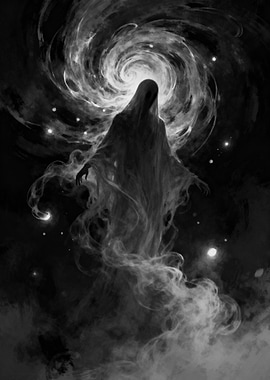 Monochrome Ghostly Figure in Cosmic Swirl