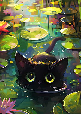 Black Cat in Lily Pond Painting
