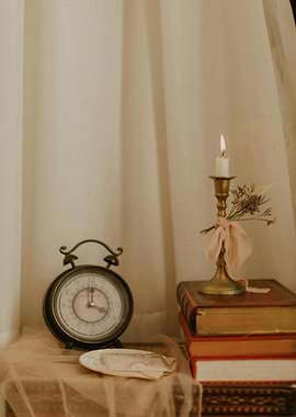 Vintage Still Life with Clock and Candle
