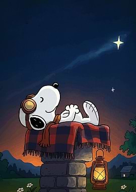 Snoopy stargazing on a chimney