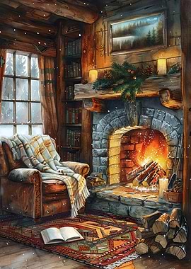 Cozy Cabin Interior with Fireplace