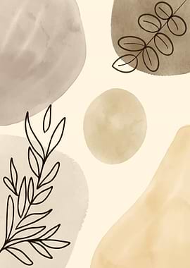 Abstract Watercolor Shapes with Floral Line Art