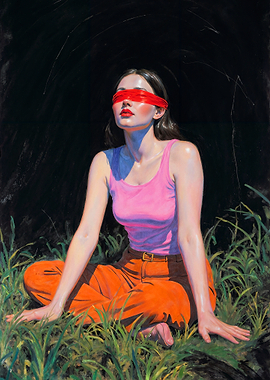 Blindfolded Woman in Nature Painting